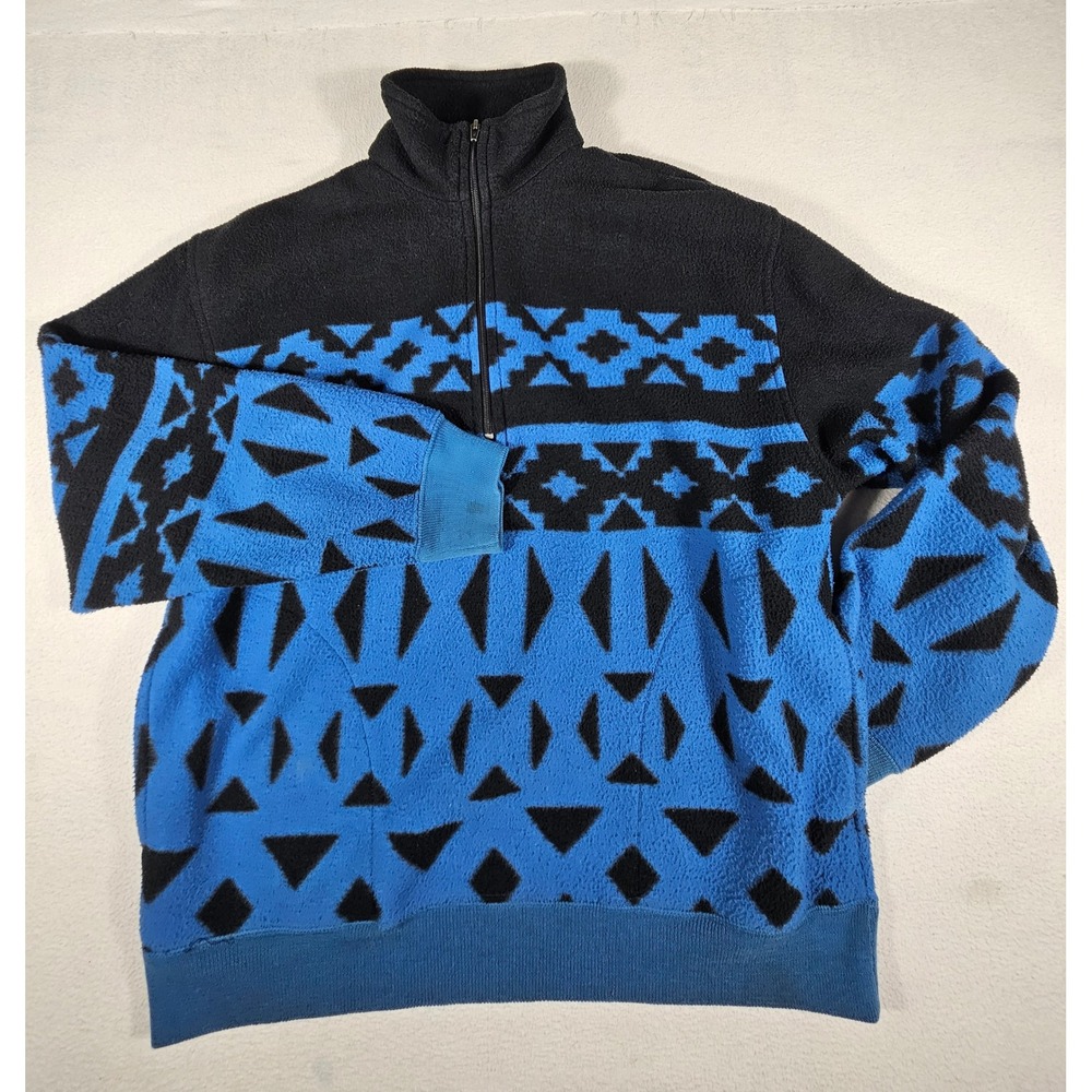 Vintage Trader Bay Sears Mens Medium Blue Black Tribal Geometric Fleece Pullover